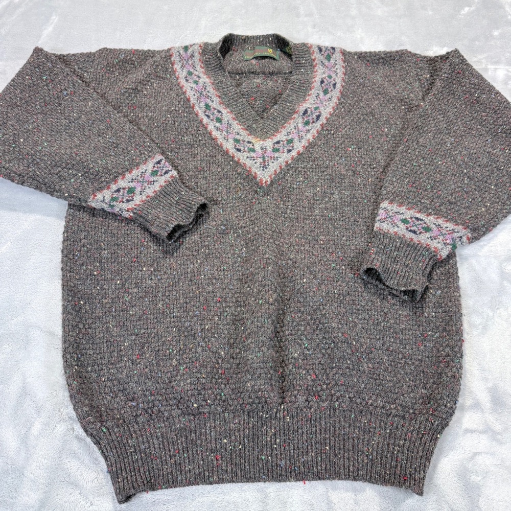 Hunting Horn J Riggings Mens Medium Wool V-Neck Sweater‎ Grey Confetti Fair Isle